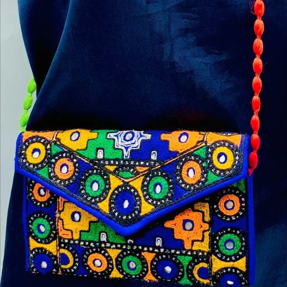 Handmade Multicolor Cross Bag, Ethnic Tribal Bag With Thread Work and Mirrors - Picture 5 of 7
